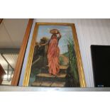 A gilt framed oil on board depicting a lady on ste