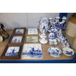 A quantity of blue and white delft china and tiles
