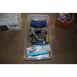 A box containing foot pumps; a car compressor; boo