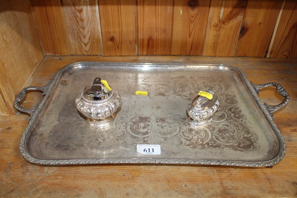 A large plated and engraved two handled drinks tra