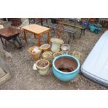 A large blue glazed garden planter AF; various con