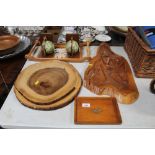 A collection of wooden items to include a tray; bo