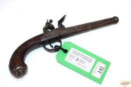 A "Queen Ann" flintlock pistol, overall  11½" with a 4½" turn off barrel of approx. 22 bore. Two