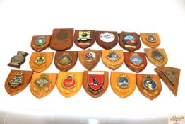 Twenty various military related plaques on wooden