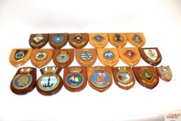 Twenty various Naval related plaques on wooden shi