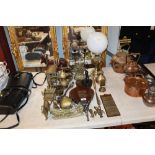 A quantity of various brassware, a pair of bellows