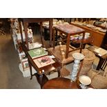 Two Edwardian occasional tables; a row of coat hoo