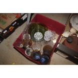 A box of miscellaneous glassware including a decan