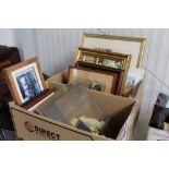 Two boxes of various pictures, prints and frames