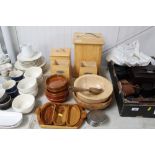 A collection of wooden items to include bread bin,