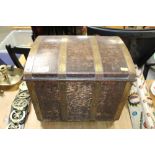 A wooden and brass bound coal box