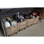 Four boxes containing various kitchen utensils, po