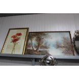 A gilt framed print of poppies and oil on canvas s