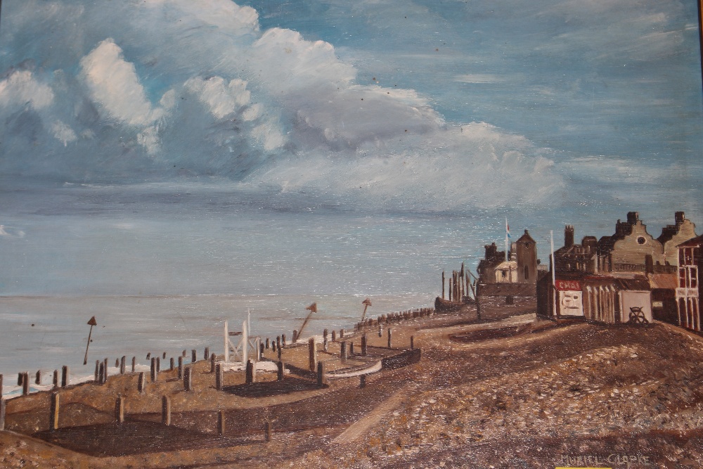 Muriel Clarke, oil study of coast town scene, sign - Image 2 of 3