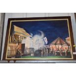 An oil on canvas depicting a carnival scene indist