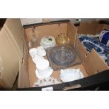 A box of various glassware to include glass vase;
