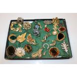 A tray containing vintage costume brooches and pin