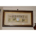An oak framed embroidery, "Absent But Not Forgotte