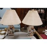 A pair of crackle glazed table lamps and shade