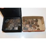 Two boxes of various copper coinage and Farthings