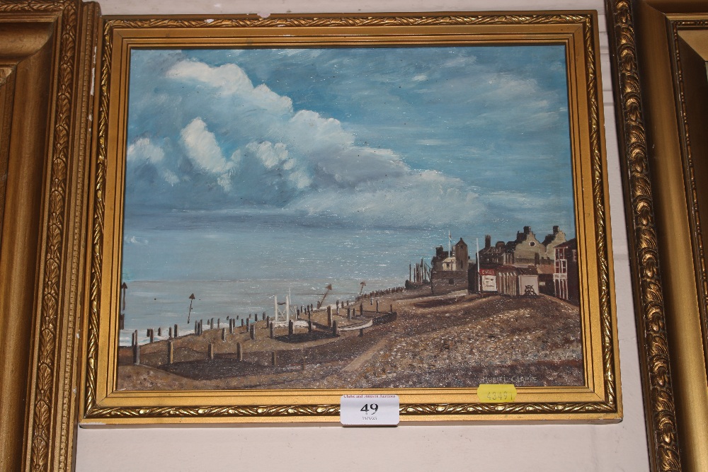 Muriel Clarke, oil study of coast town scene, sign