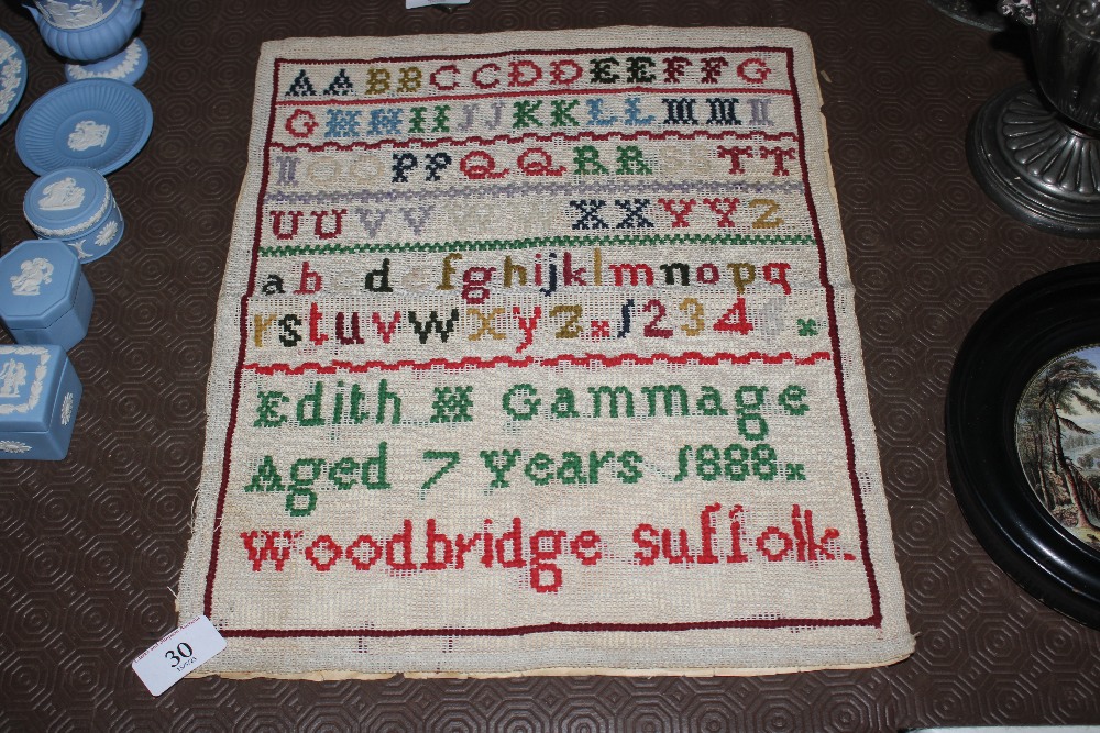 A sampler entitled "Woodbridge, Suffolk" dated 188