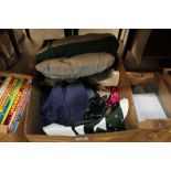 A box of various hats; cushions etc