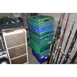 A quantity of plastic storage crates
