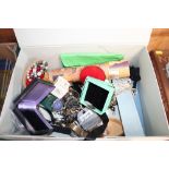 A box of various costume jewellery; wrist watches;