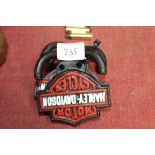 Three reproduction motorcycle advertising coat hook