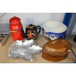 An enamel decorated churn, bargeware type teapot,