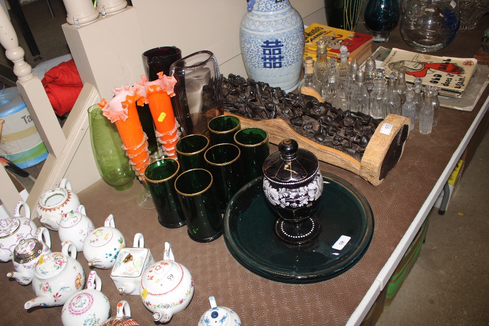 A quantity of glassware to include green glass tan