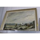 A framed oil on board depicting landscape scene in