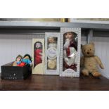 A quantity of various dolls to include Leonardo collection; a clown and a well loved teddy bear