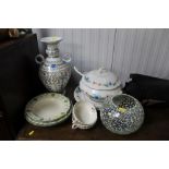 A quantity of Royal Doulton Countess dinnerplates; twin handled pottery vase; Copland Spode soup