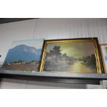 A framed oil on canvas depicting a river scene, si