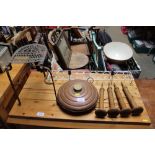 A trivet stand; a copper warming pot etc