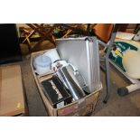 A box of various kitchenalia to include cased knif