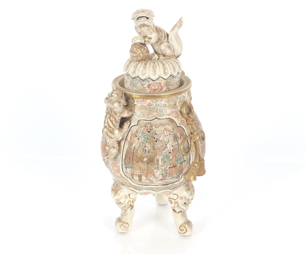 A Satsuma ware Koro, the lid decorated with a Kylin, the baluster body with painted figure - Image 2 of 2