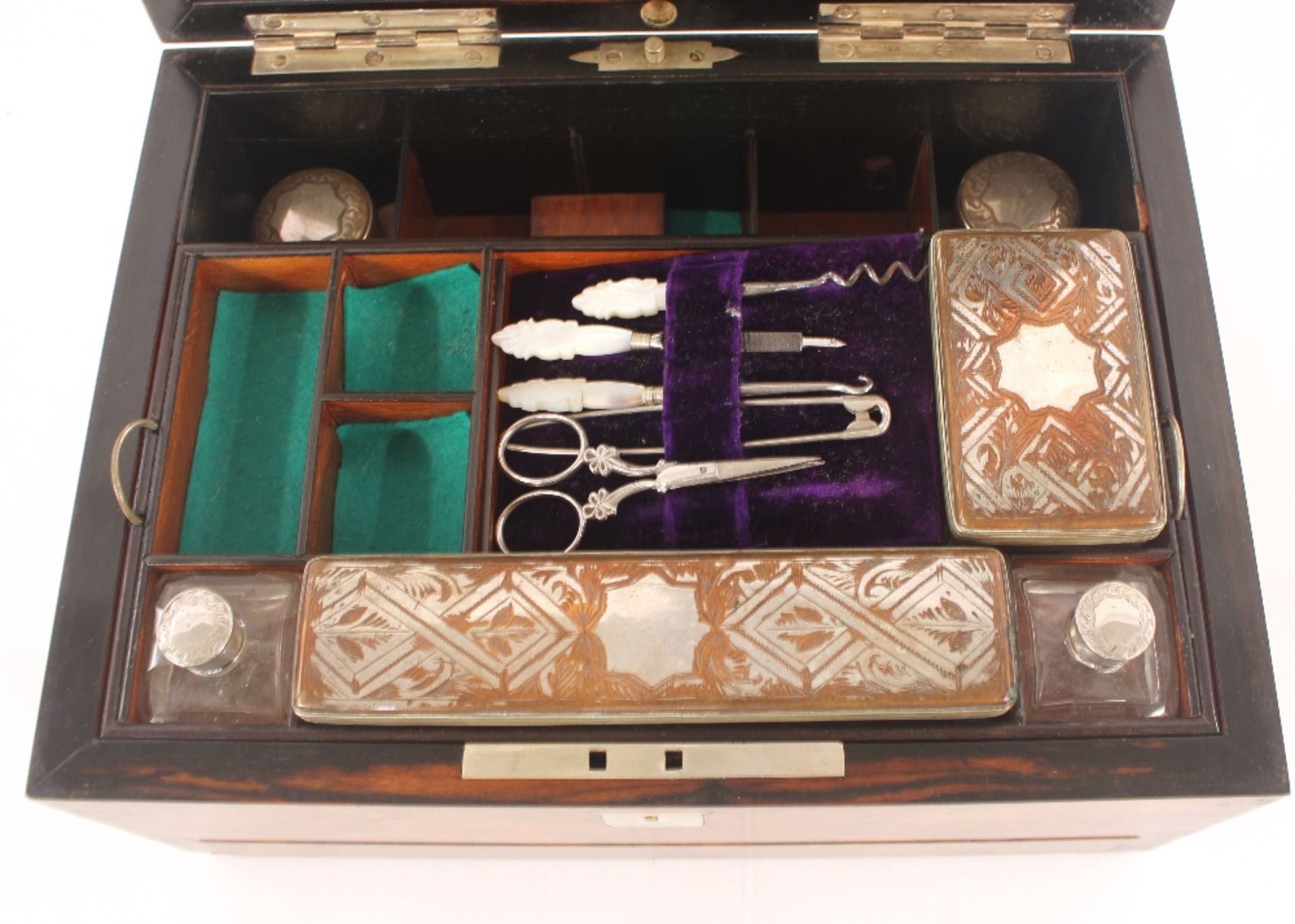 A Victorian burr walnut travelling toilet box, fitted plate mounted tidy boxes and jars, sprung - Image 8 of 16