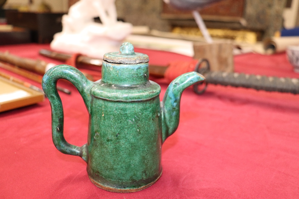 A 17th Century Chinese porcelain pedestal bowl, 16.5cm dia.; and a green glazed Chinese wine pot - Image 18 of 32