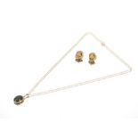 A pair of yellow metal filigree work ear-rings, 6.5gms; and a 9ct gold pendant set with jade