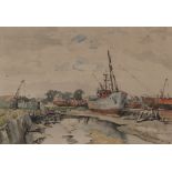 Ernest Wills, dock scene, signed watercolour dated 1945