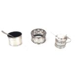 An oval silver salt, Birmingham letter indistinct, a plated salt spoon, a silver mustard pot (
