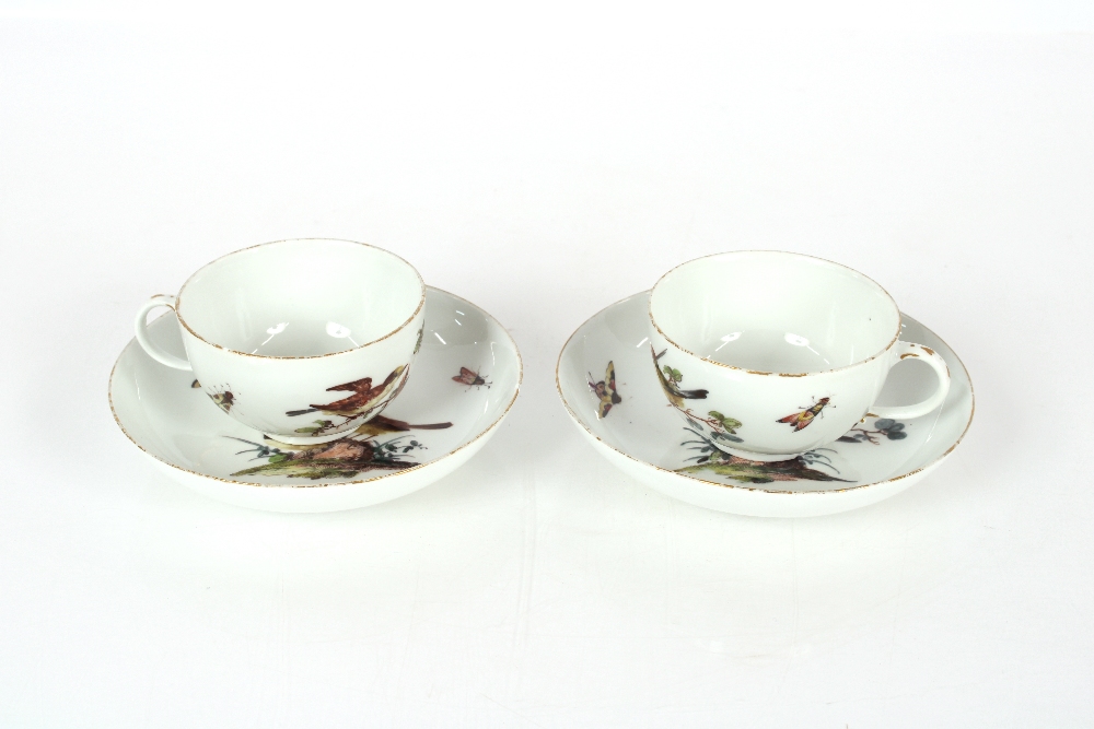 A pair of mid-18th Century Meissen porcelain ornithological cups and saucers, decorated birds on - Image 2 of 12