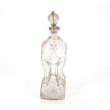 An antique Dutch glass decanter, of hourglass shape with etched decoration of windmill, ships and