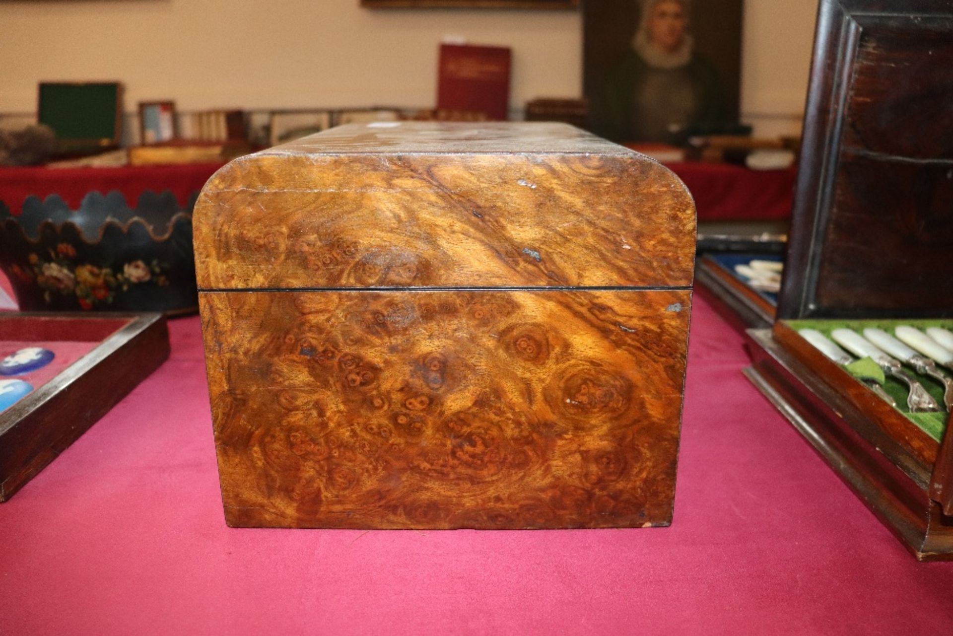 A Victorian burr walnut travelling toilet box, fitted plate mounted tidy boxes and jars, sprung - Image 14 of 16