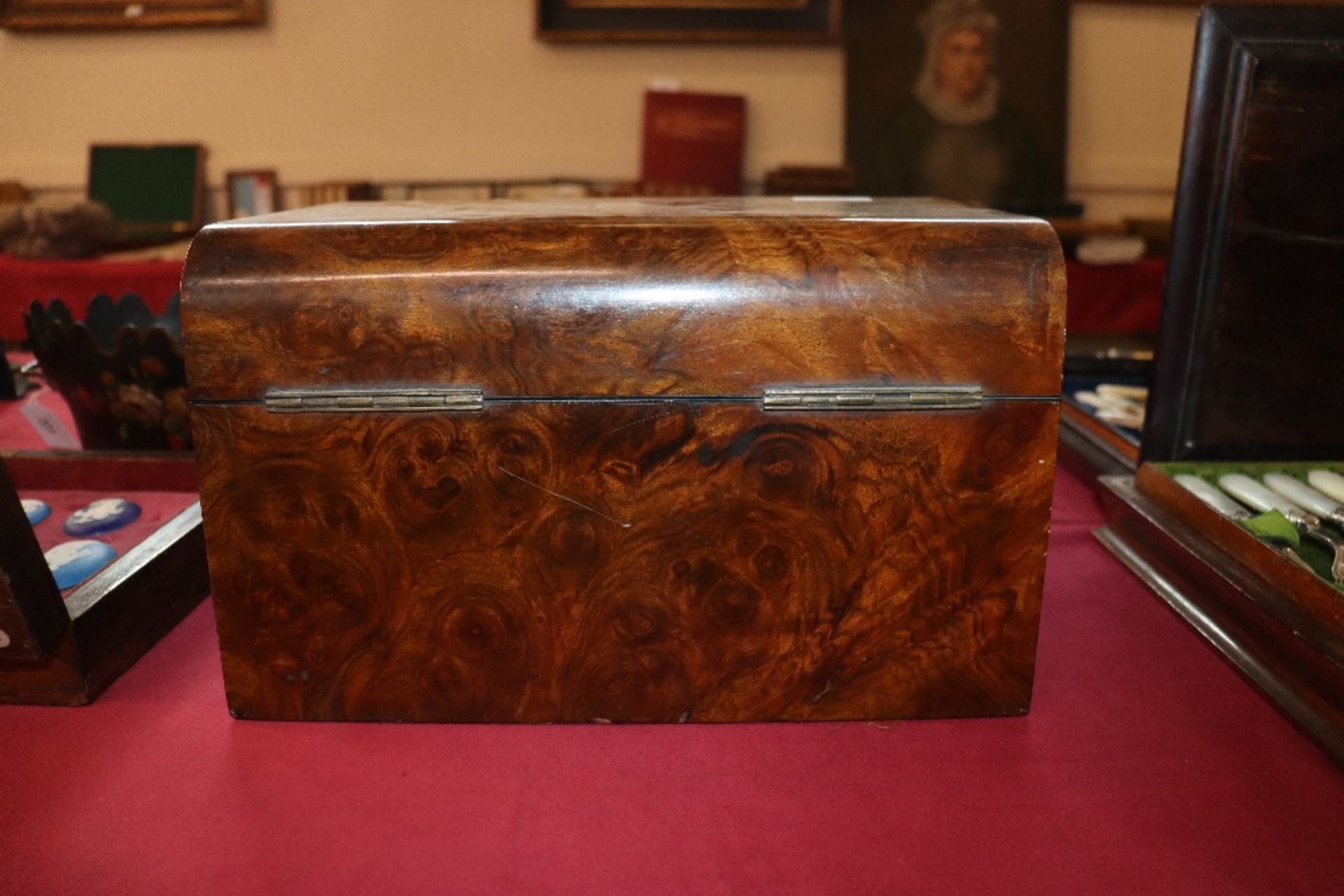 A Victorian burr walnut travelling toilet box, fitted plate mounted tidy boxes and jars, sprung - Image 15 of 16