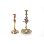 An unusual brass 19th Century tavern candlestick, with bell, 32cm high; and an 18th Century single