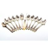 Nine Victorian silver teaspoons, two other teaspoons, and a silver bladed fruit knife with mother of